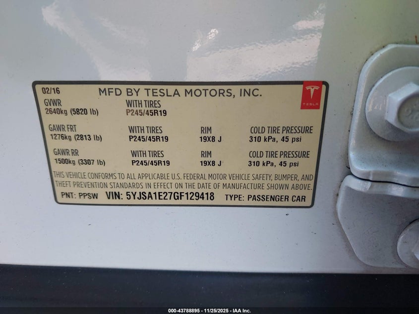 2016 Tesla Model S 60D/70D/75D/85D/90D VIN: 5YJSA1E27GF129418 Lot: 43788895