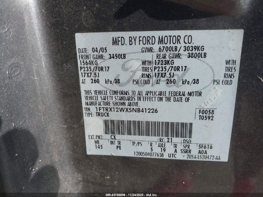 2005 Ford F-150 Stx/Xl/Xlt VIN: 1FTRX12WX5NB41226 Lot: 43788896