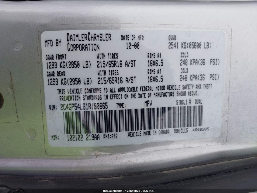 2001 Chrysler Town & Country Lxi VIN: 2C4GP54L81R190665 Lot: 43788901