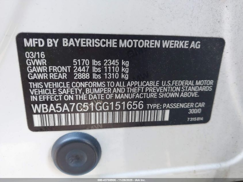 2016 BMW 528I xDrive VIN: WBA5A7C51GG151656 Lot: 43788906