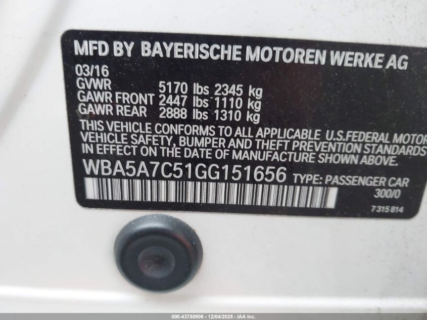 2016 BMW 528I xDrive VIN: WBA5A7C51GG151656 Lot: 43788906