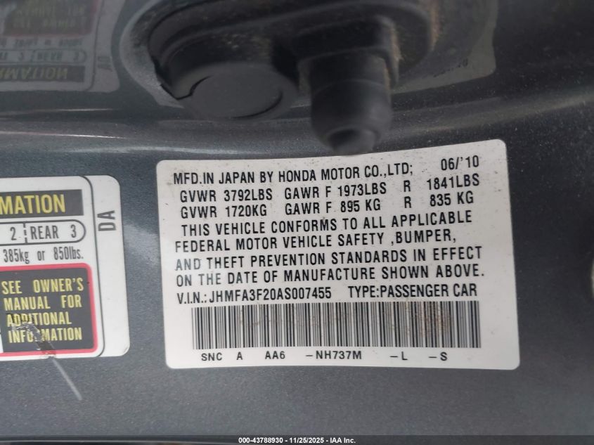 2010 Honda Civic Hybrid VIN: JHMFA3F20AS007455 Lot: 43788930