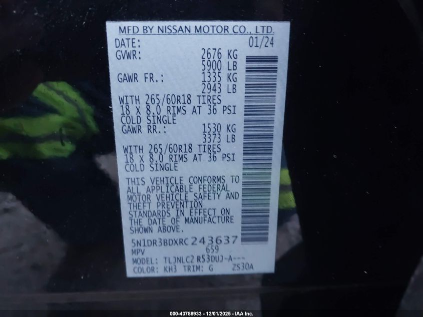 2024 Nissan Pathfinder Rock Creek 4Wd VIN: 5N1DR3BDXRC243637 Lot: 43788933