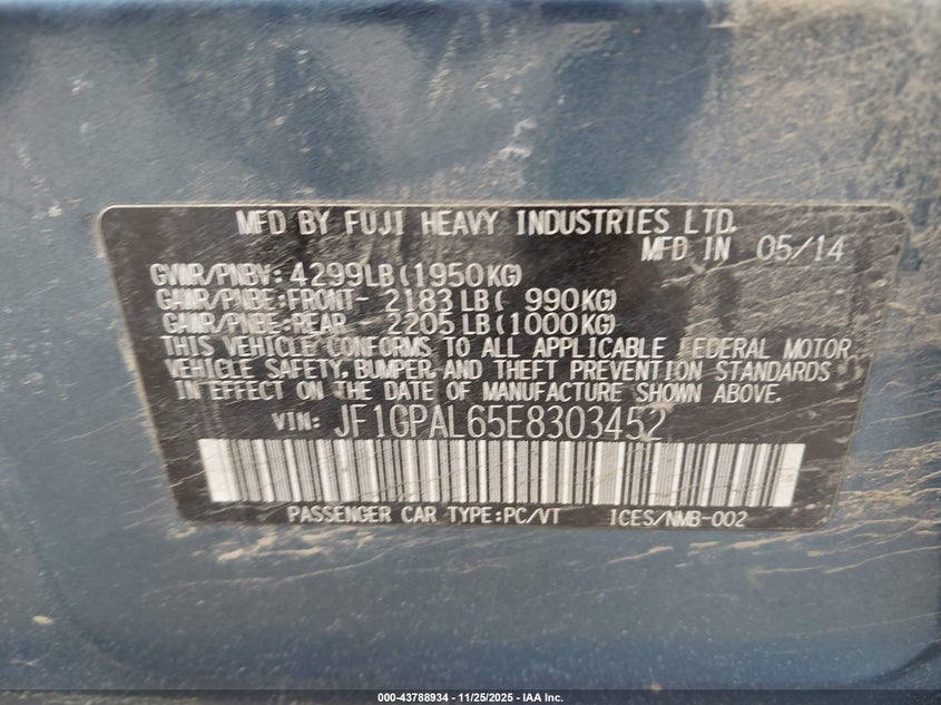 2014 Subaru Impreza 2.0I Sport Premium VIN: JF1GPAL65E8303452 Lot: 43788934