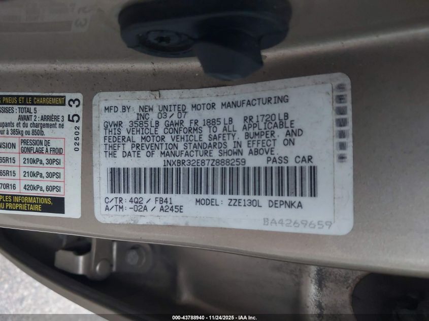 2007 Toyota Corolla Le VIN: 1NXBR32E87Z888259 Lot: 43788940