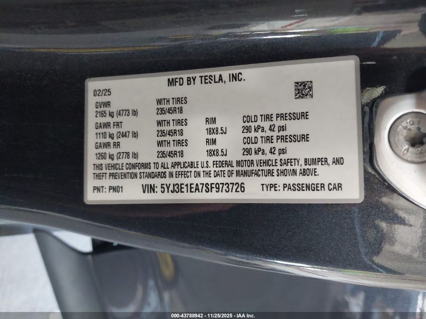 2025 Tesla Model 3 Long Range Rear-Wheel Drive/Standard VIN: 5YJ3E1EA7SF973726 Lot: 43788942