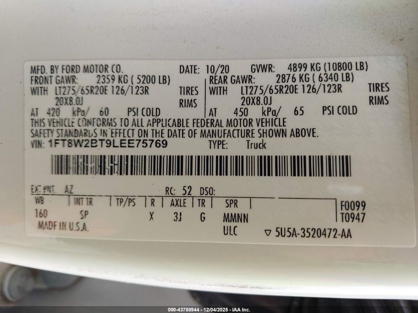 2020 Ford F-250 King Ranch VIN: 1FT8W2BT9LEE75769 Lot: 43788944