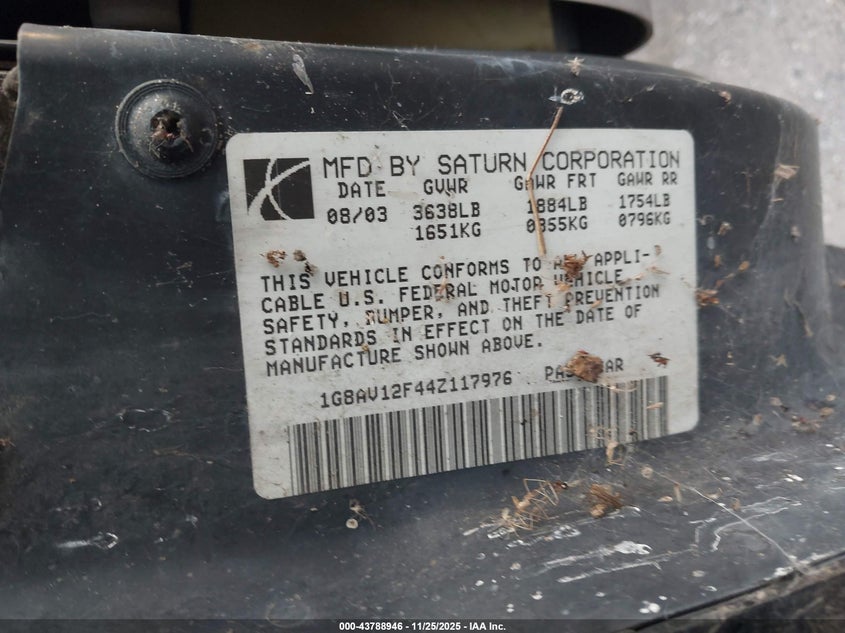 2004 Saturn Ion 3 VIN: 1G8AV12F44Z117976 Lot: 43788946