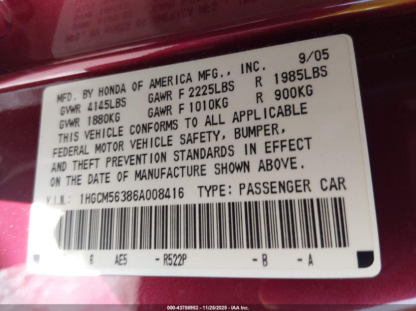 2006 Honda Accord 2.4 Se VIN: 1HGCM56386A008416 Lot: 43788952