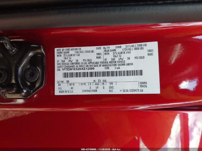 2019 Ford F-150 Lariat VIN: 1FTEW1E52KKE12099 Lot: 43788965