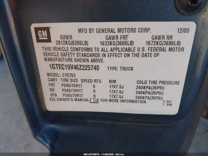 2006 GMC Sierra 1500 Sle1 VIN: 1GTEC19V46Z225740 Lot: 43788975