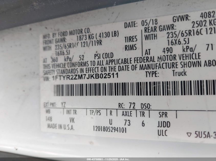 2018 Ford Transit-250 VIN: 1FTYR2ZM7JKB02511 Lot: 43788981
