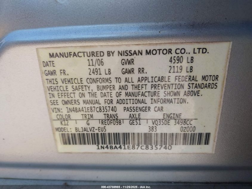 2007 Nissan Maxima 3.5 Se VIN: 1N4BA41E87C835740 Lot: 43788985