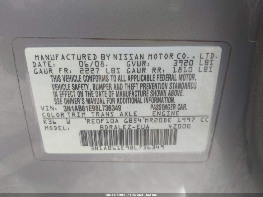 2008 Nissan Sentra 2.0S VIN: 3N1AB61E98L736349 Lot: 43788987