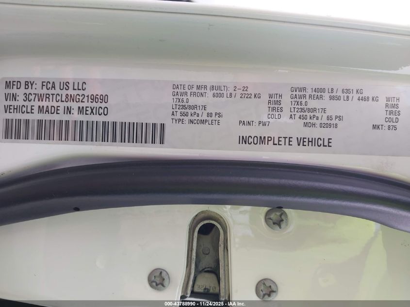 2022 Ram 3500 Chassis Tradesman/Slt/Laramie/Limited VIN: 3C7WRTCL8NG219690 Lot: 43788990