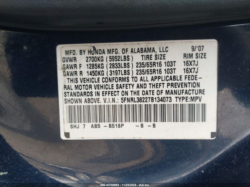 2007 Honda Odyssey Lx VIN: 5FNRL38227B134073 Lot: 43788993