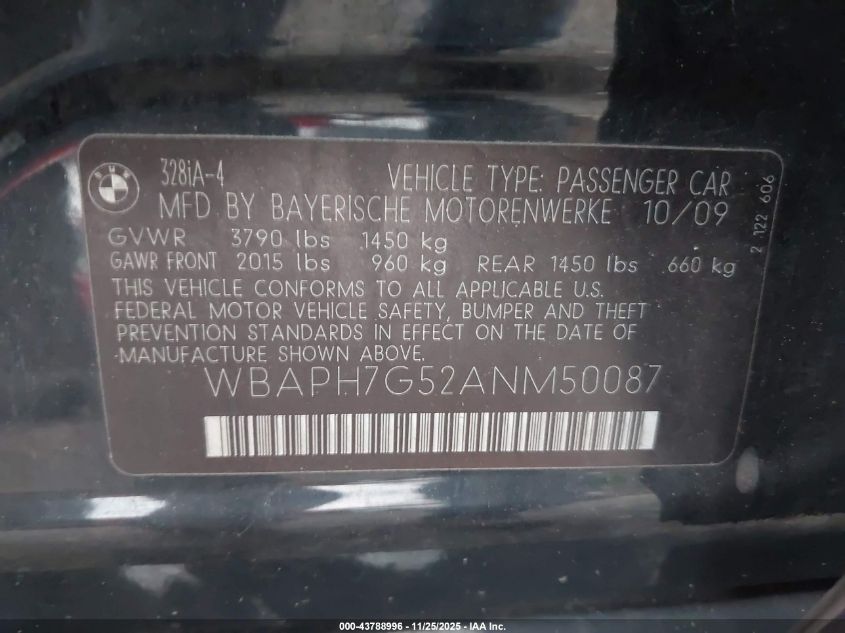 2010 BMW 328I VIN: WBAPH7G52ANM50087 Lot: 43788996