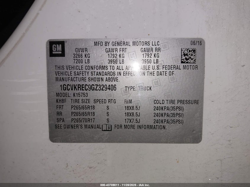 2016 Chevrolet Silverado 1500 2Lt VIN: 1GCVKREC9GZ329406 Lot: 43789011