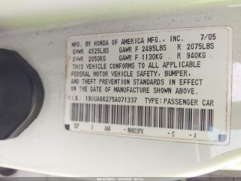 2005 Acura Tl VIN: 19UUA66275A071337 Lot: 43789014