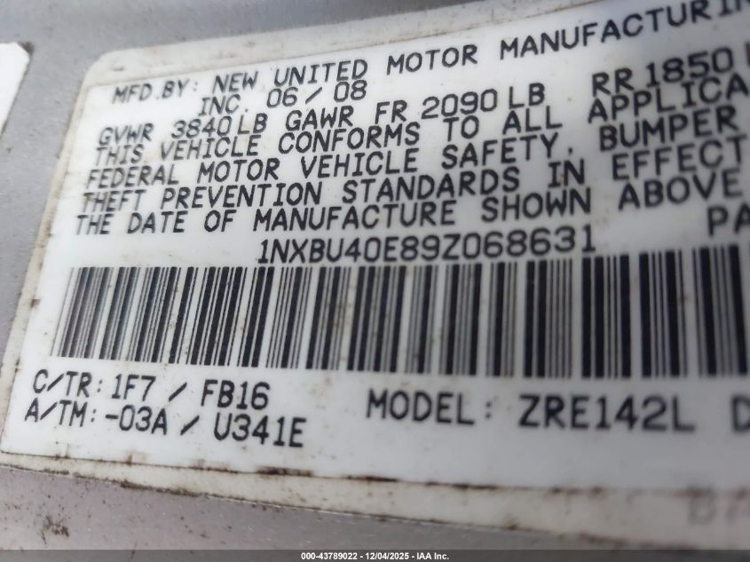 2009 Toyota Corolla Le VIN: 1NXBU40E89Z068631 Lot: 43789022