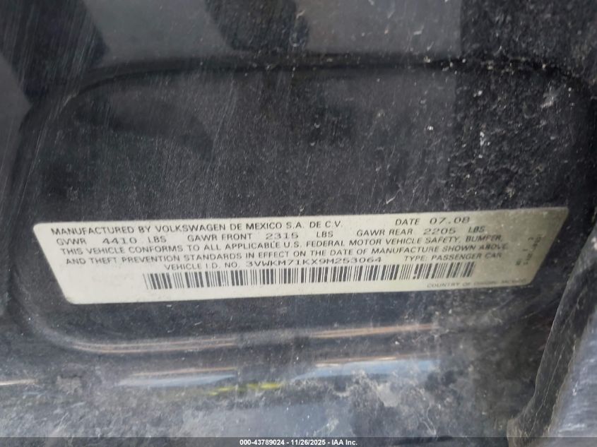 2009 Volkswagen Jetta 2.5L S VIN: 3VWKM71KX9M253064 Lot: 43789024