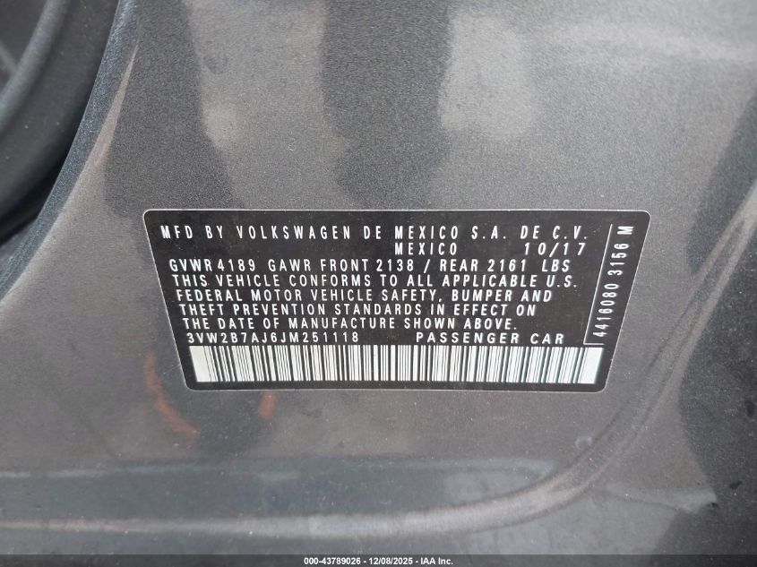 2018 Volkswagen Jetta 1.4T S VIN: 3VW2B7AJ6JM251118 Lot: 43789026