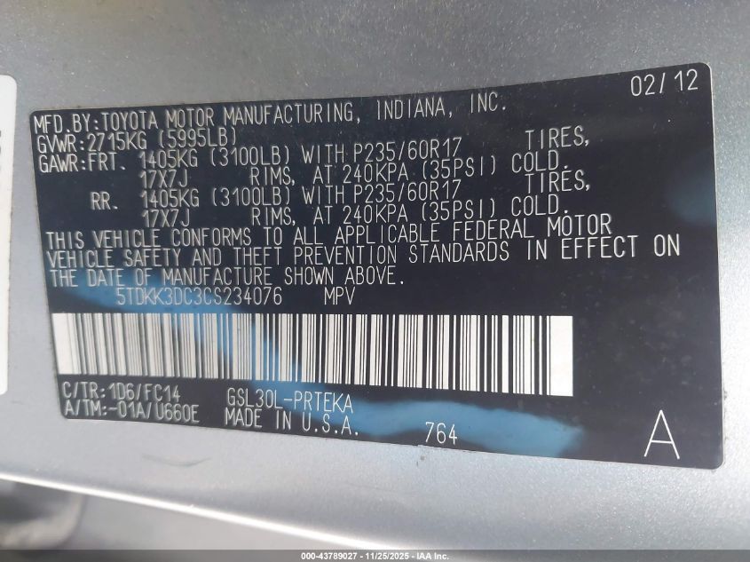 2012 Toyota Sienna Le V6 8 Passenger VIN: 5TDKK3DC3CS234076 Lot: 43789027