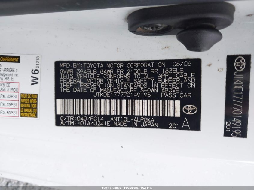 2007 Scion Tc VIN: JTKDE177770149195 Lot: 43789030