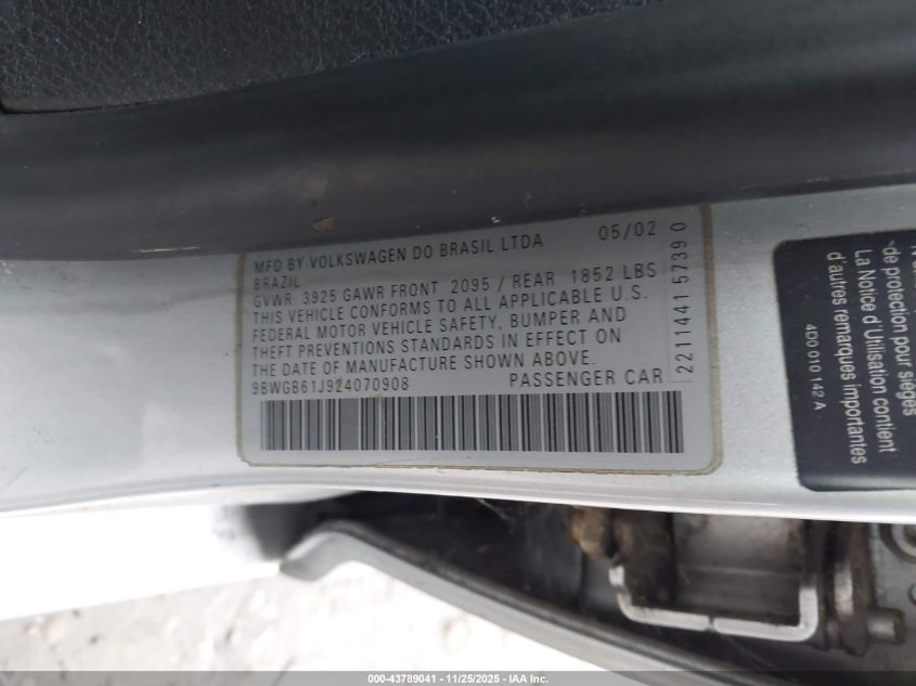 2002 Volkswagen Golf Gls 2.0L VIN: 9BWGB61J924070908 Lot: 43789041