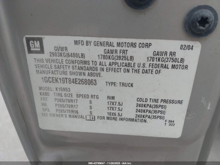 2004 Chevrolet Silverado 1500 Z71 VIN: 1GCEK19T84E268063 Lot: 43789047
