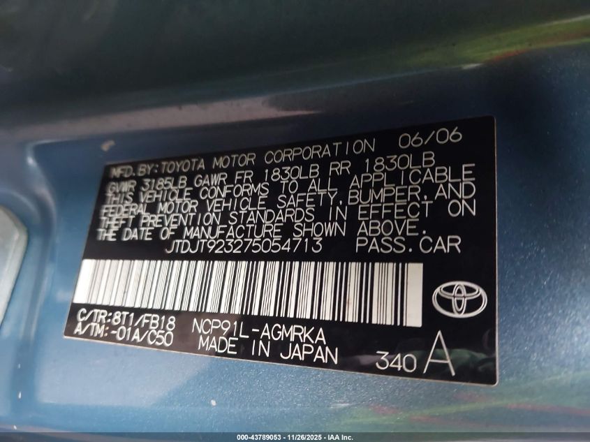 2007 Toyota Yaris VIN: JTDJT923275054713 Lot: 43789053