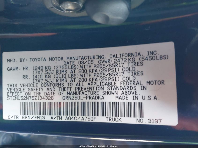 2005 Toyota Tacoma Base V6 VIN: 5TEMU52N75Z134328 Lot: 43789056