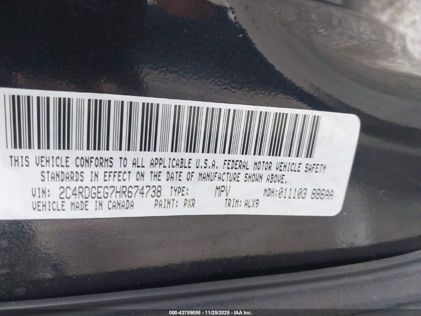 2017 Dodge Grand Caravan Gt VIN: 2C4RDGEG7HR674738 Lot: 43789058