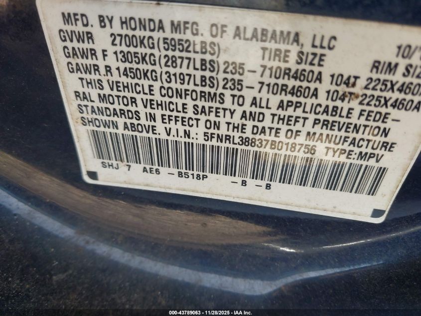 2007 Honda Odyssey Touring VIN: 5FNRL38837B018756 Lot: 43789063