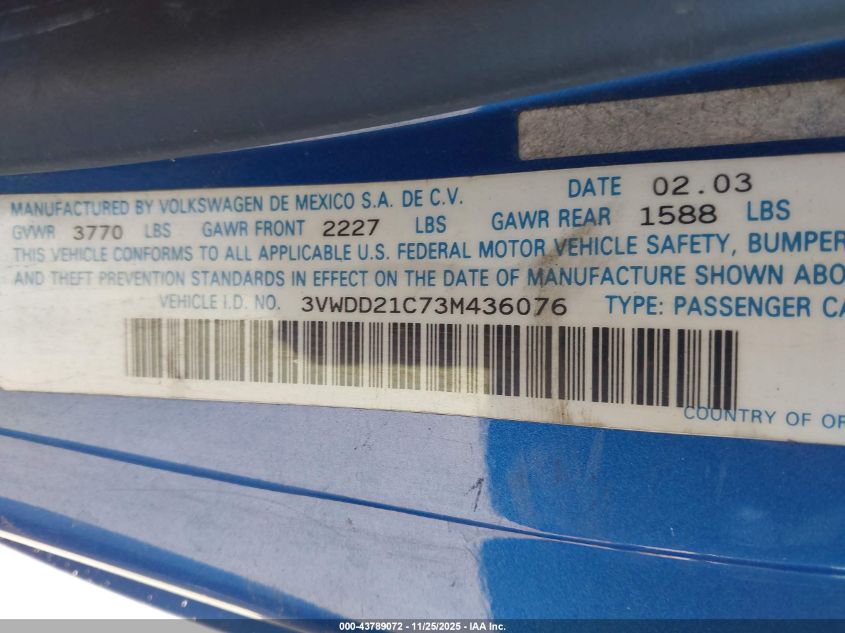 2003 Volkswagen New Beetle Glx VIN: 3VWDD21C73M436076 Lot: 43789072