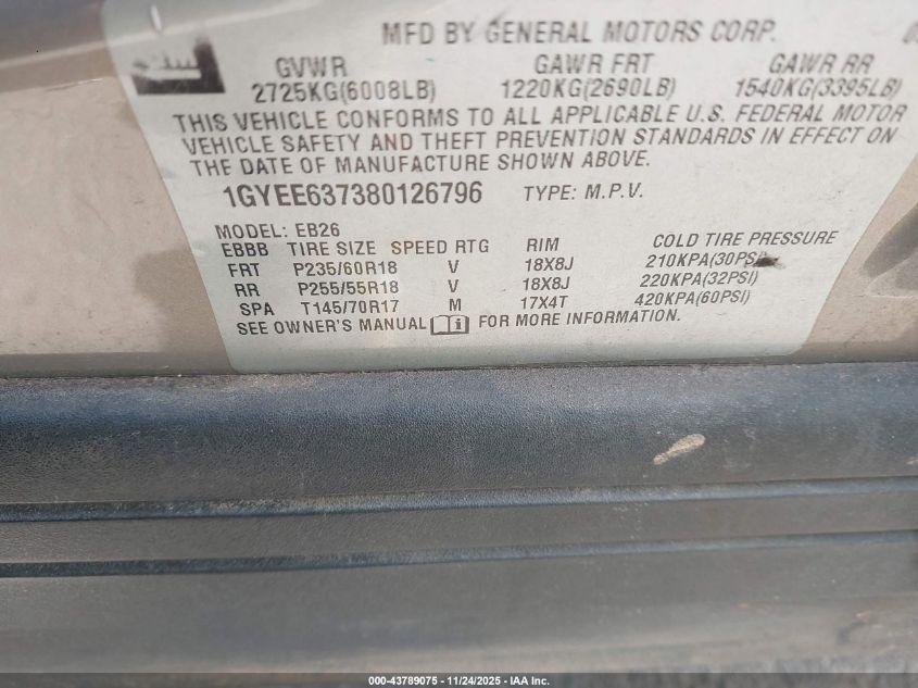 2008 Cadillac Srx V6 VIN: 1GYEE637380126796 Lot: 43789075