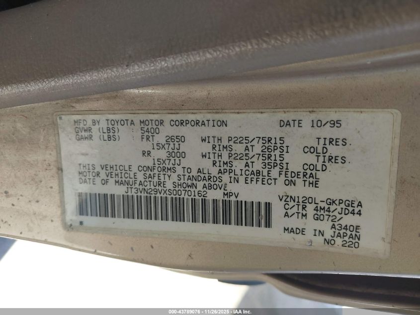 1995 Toyota 4Runner Vn29 Sr5 VIN: JT3VN29VXS0070162 Lot: 43789076