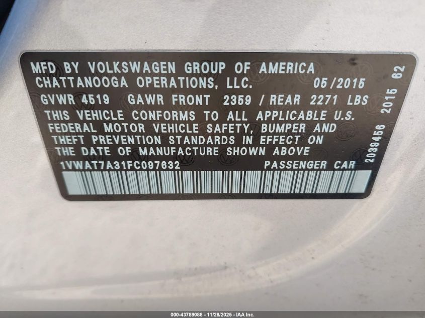 2015 Volkswagen Passat 1.8T Limited Edition VIN: 1VWAT7A31FC097632 Lot: 43789088