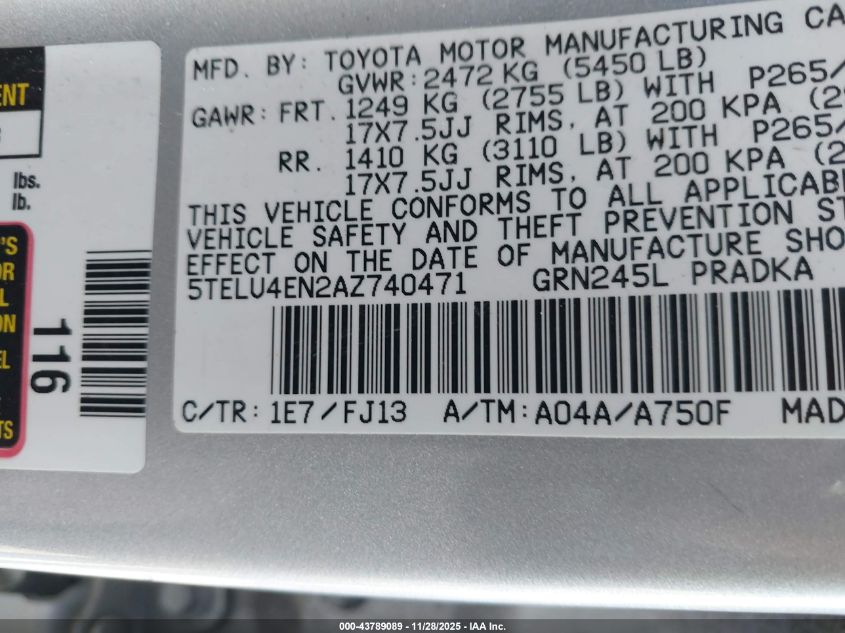 2010 Toyota Tacoma Base V6 VIN: 5TELU4EN2AZ740471 Lot: 43789089
