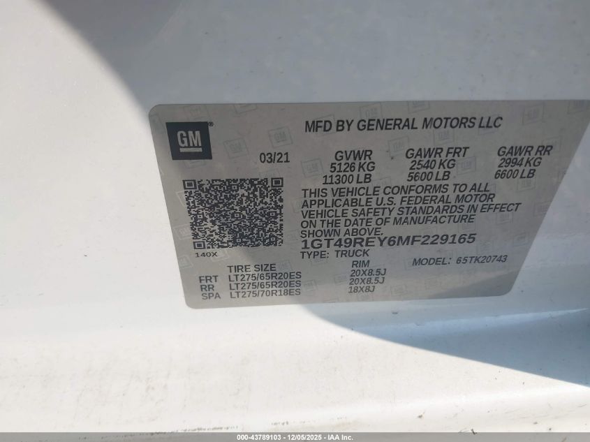 2021 GMC Sierra 2500Hd 4Wd Standard Bed Denali VIN: 1GT49REY6MF229165 Lot: 43789103