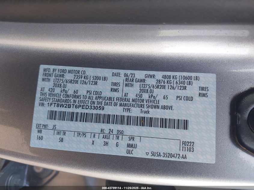 2023 Ford F-250 Lariat VIN: 1FT8W2BT6PED33059 Lot: 43789114