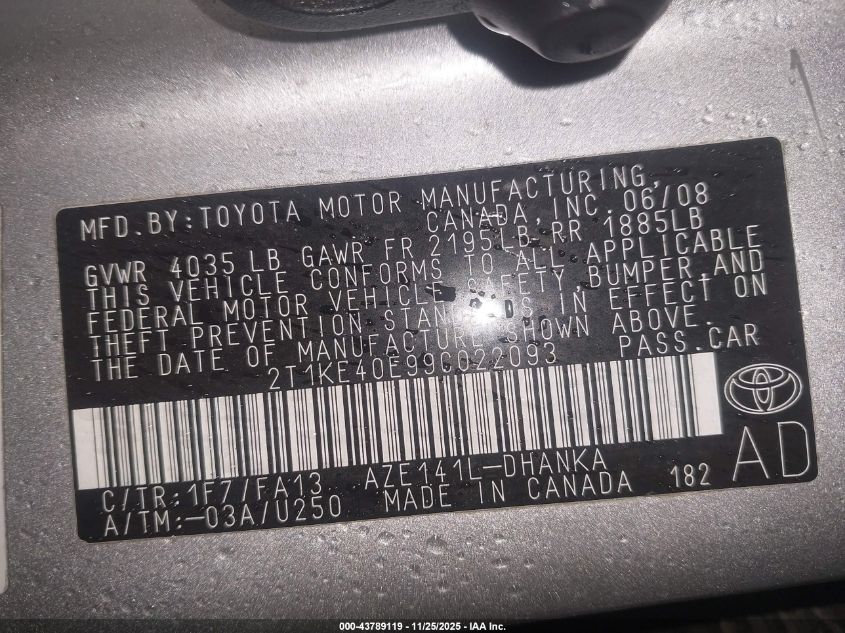 2009 Toyota Matrix S VIN: 2T1KE40E99C022093 Lot: 43789119