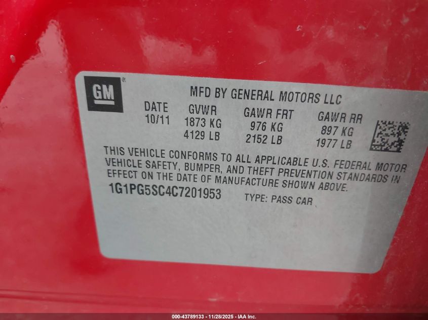 2012 Chevrolet Cruze 2Lt VIN: 1G1PG5SC4C7201953 Lot: 43789133