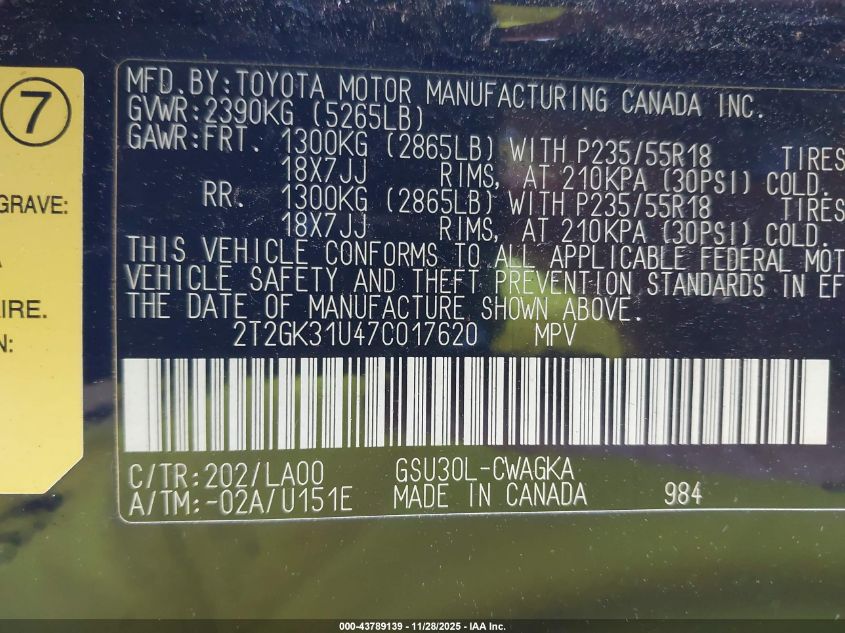 2007 Lexus Rx 350 VIN: 2T2GK31U47C017620 Lot: 43789139