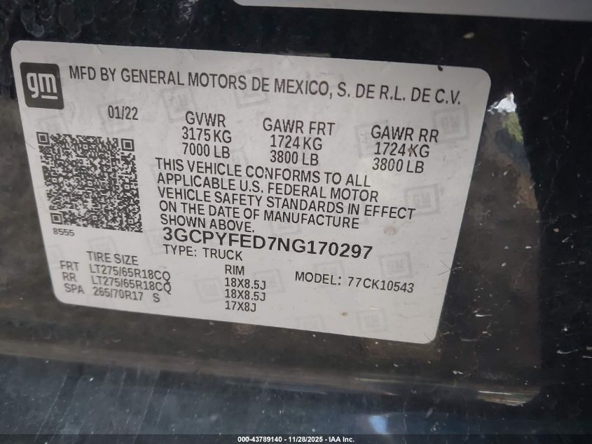 2022 Chevrolet Silverado 1500 Ltd 4Wd Short Bed Lt Trail Boss VIN: 3GCPYFED7NG170297 Lot: 43789140