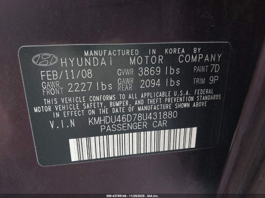 2008 Hyundai Elantra Gls/Se VIN: KMHDU46D78U431880 Lot: 43789146