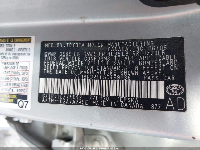 2005 Toyota Corolla S VIN: 2T1BR32E05C499436 Lot: 43789147