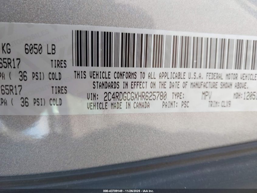 2017 Dodge Grand Caravan Sxt VIN: 2C4RDGCGXHR625780 Lot: 43789149