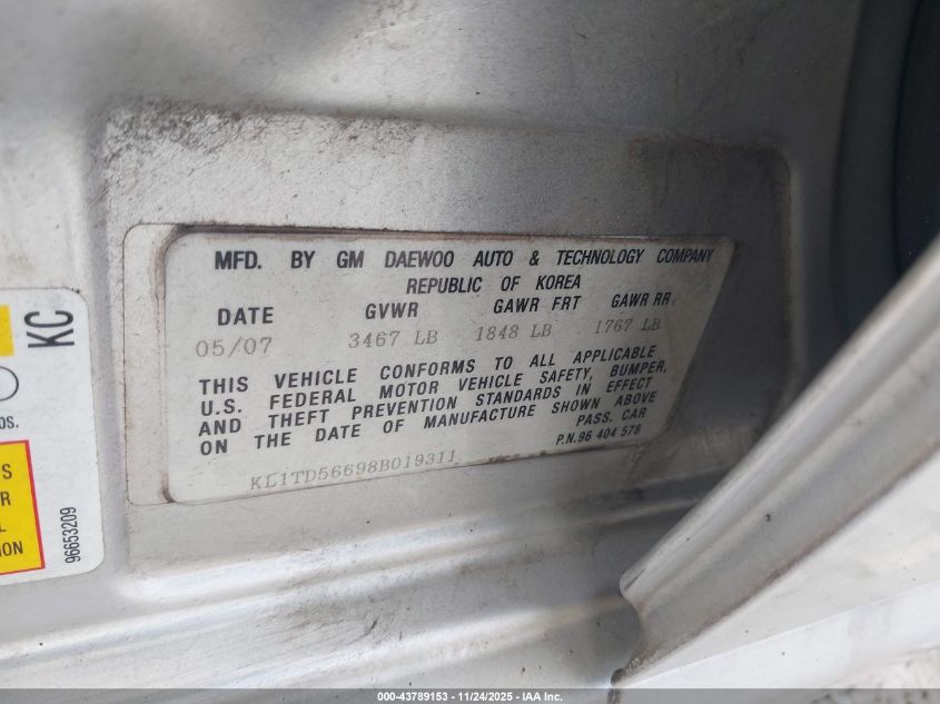 2008 Chevrolet Aveo Ls VIN: KL1TD56698B019311 Lot: 43789153