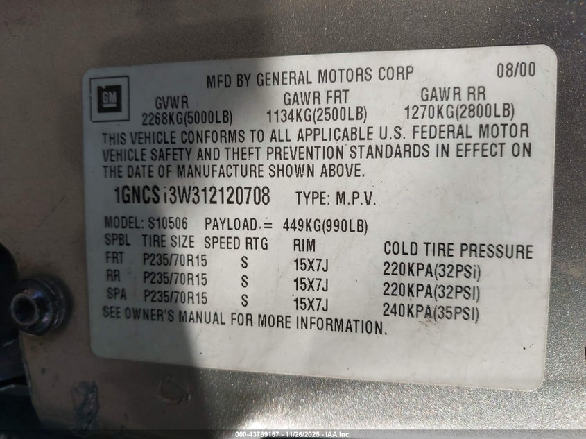 2001 Chevrolet Blazer Lt VIN: 1GNCS13W312120708 Lot: 43789157